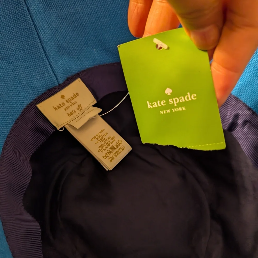 NWT Kate Spade Hats Off Bucket Hat Bonded Canvas Navy Blue Tan Leather Trim - Picture 10 of 12